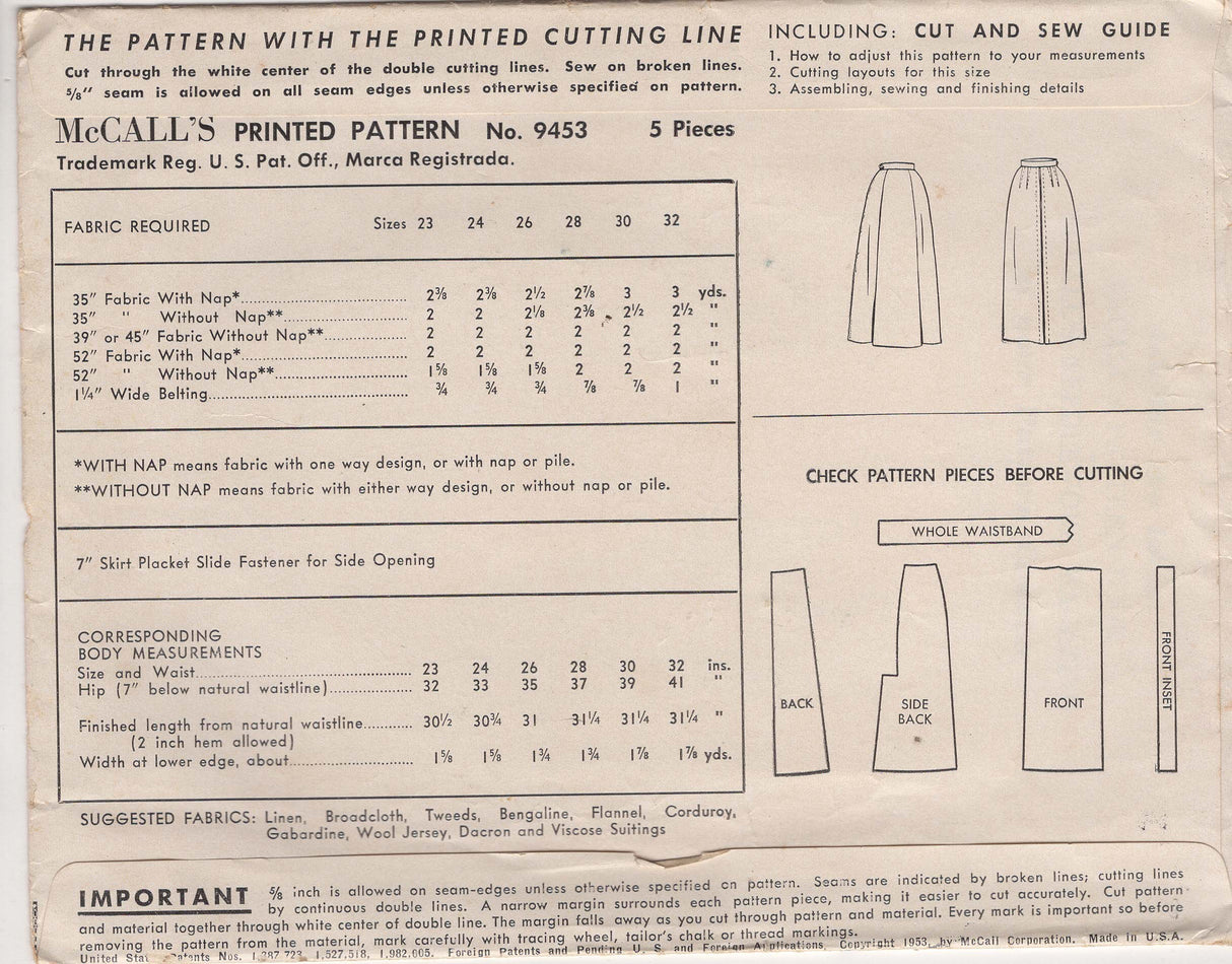 1950's McCall’s Skirt with Exterior Darts Pattern – Waist 24”- No. 9453