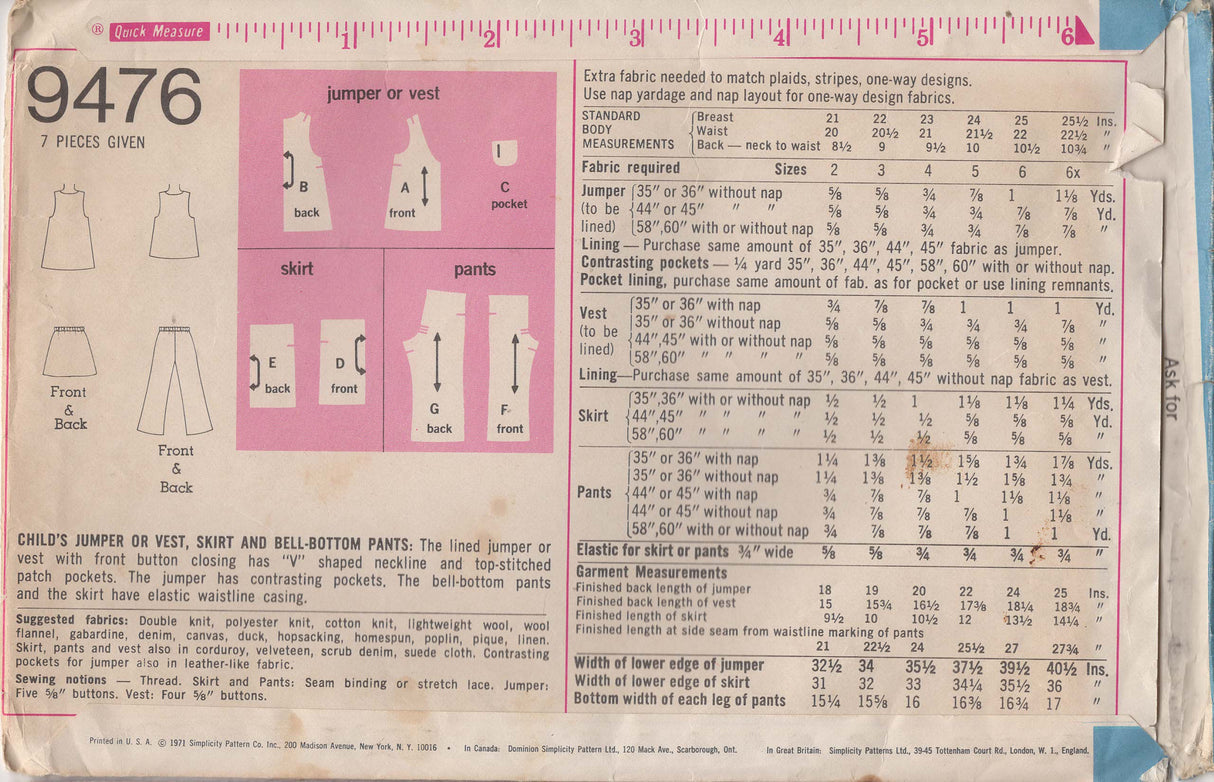 1970's Simplicity Child's Jumper Dress, Vest and Pants Pattern - Chest 24" - No. 9476
