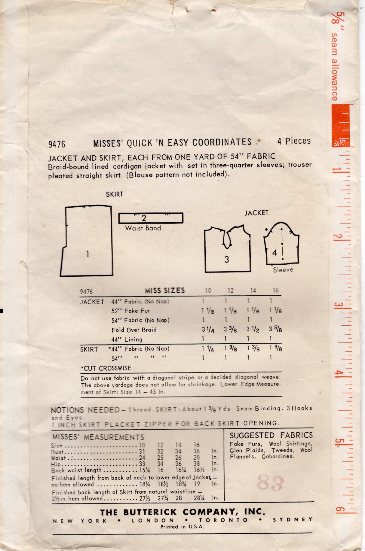 1950’s Butterick One-Yard Line Jacket and Skirt Pattern - Bust 36" - No. 9476