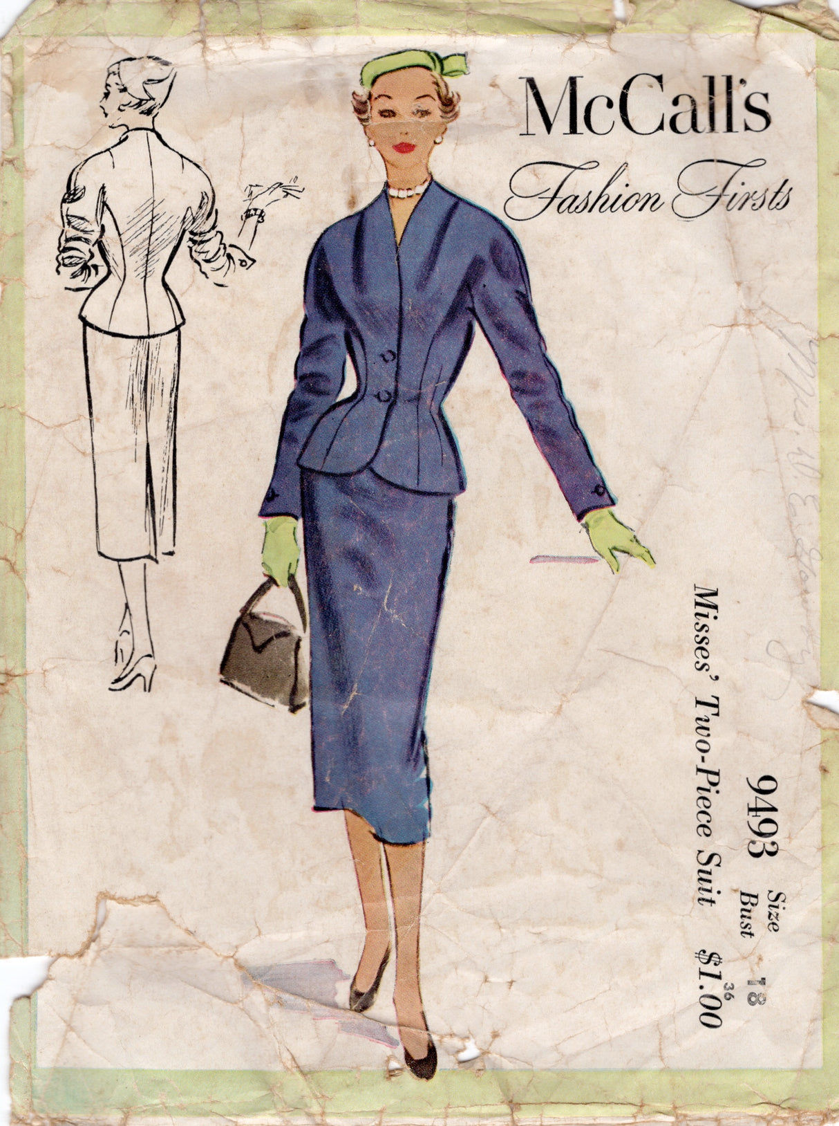 1950's McCall's Fashion Firsts Two Piece Princess Line Suit with Dolman Sleeve - Bust 36" - No. 9493