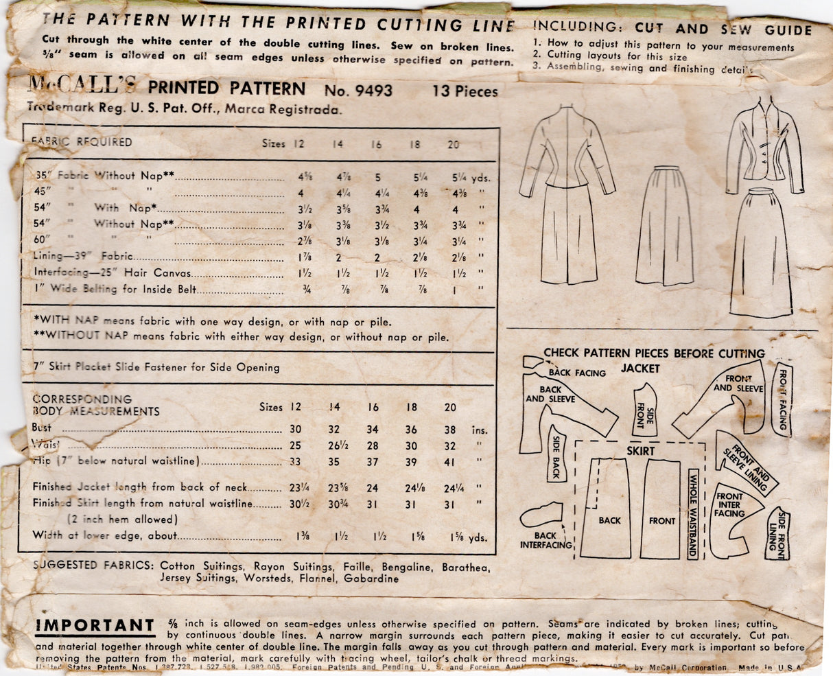 1950's McCall's Fashion Firsts Two Piece Princess Line Suit with Dolman Sleeve - Bust 36" - No. 9493