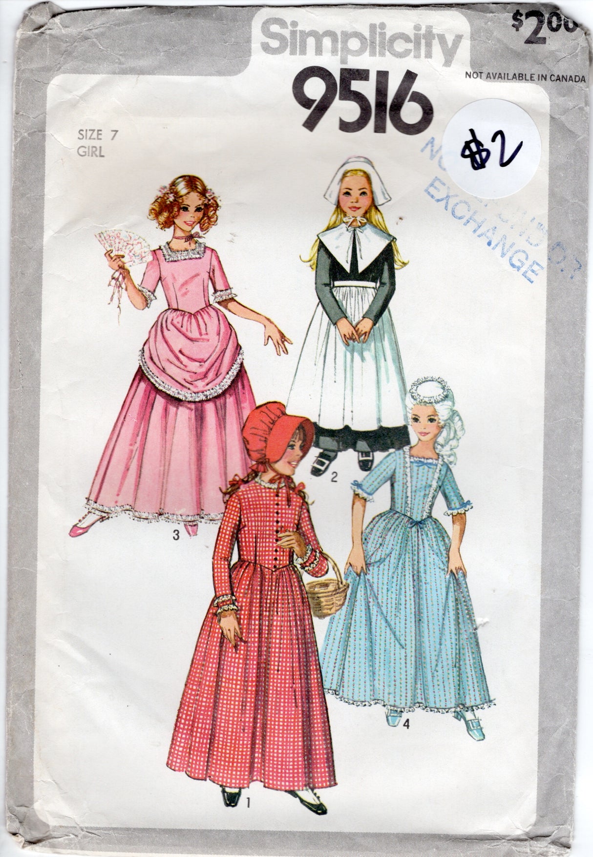 1980's Simplicity Child's Puritan, Centennial, 18th and 19th Century Costume Dress, Apron, Collar and Bonnet Pattern - Chest 26" - No. 9516