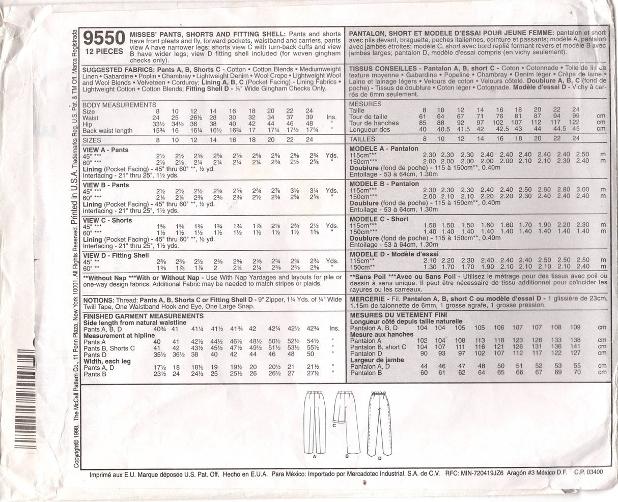 1990's McCall’s Straight Leg Pants or Bermuda Shorts pattern - Palmer and Pletsch- Waist 26.5" - No. 9550