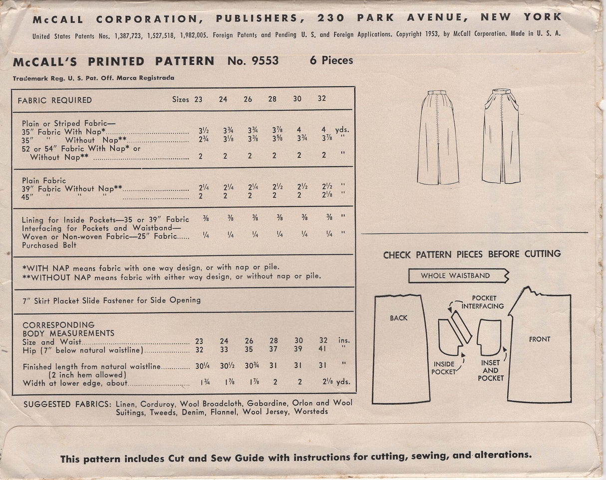 1950's McCall’s Skirt Pattern with Pockets – Waist 24”- No. 9553