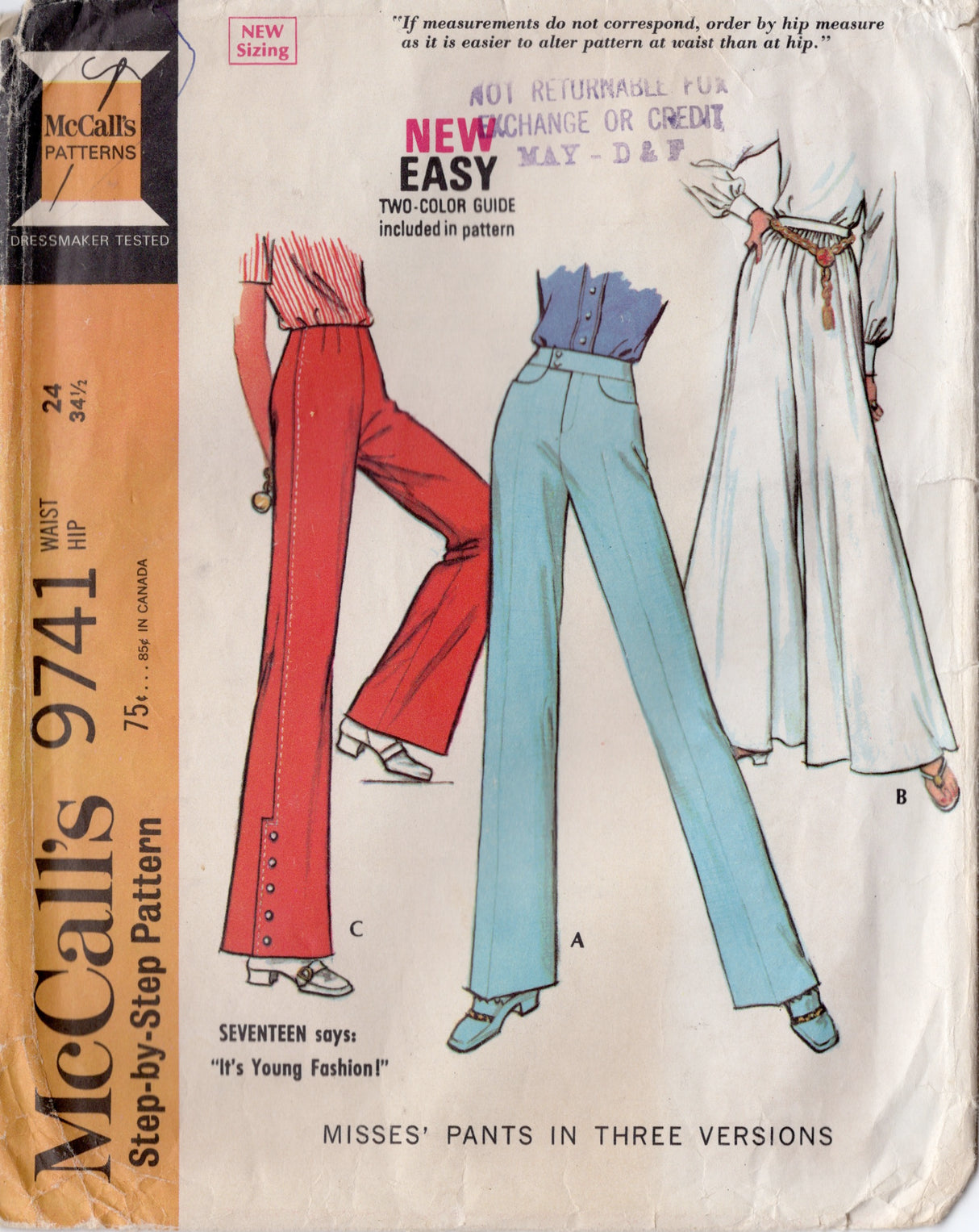 1960's McCall's Pants Pattern in Three Styles - Waist 24" - No. 9741