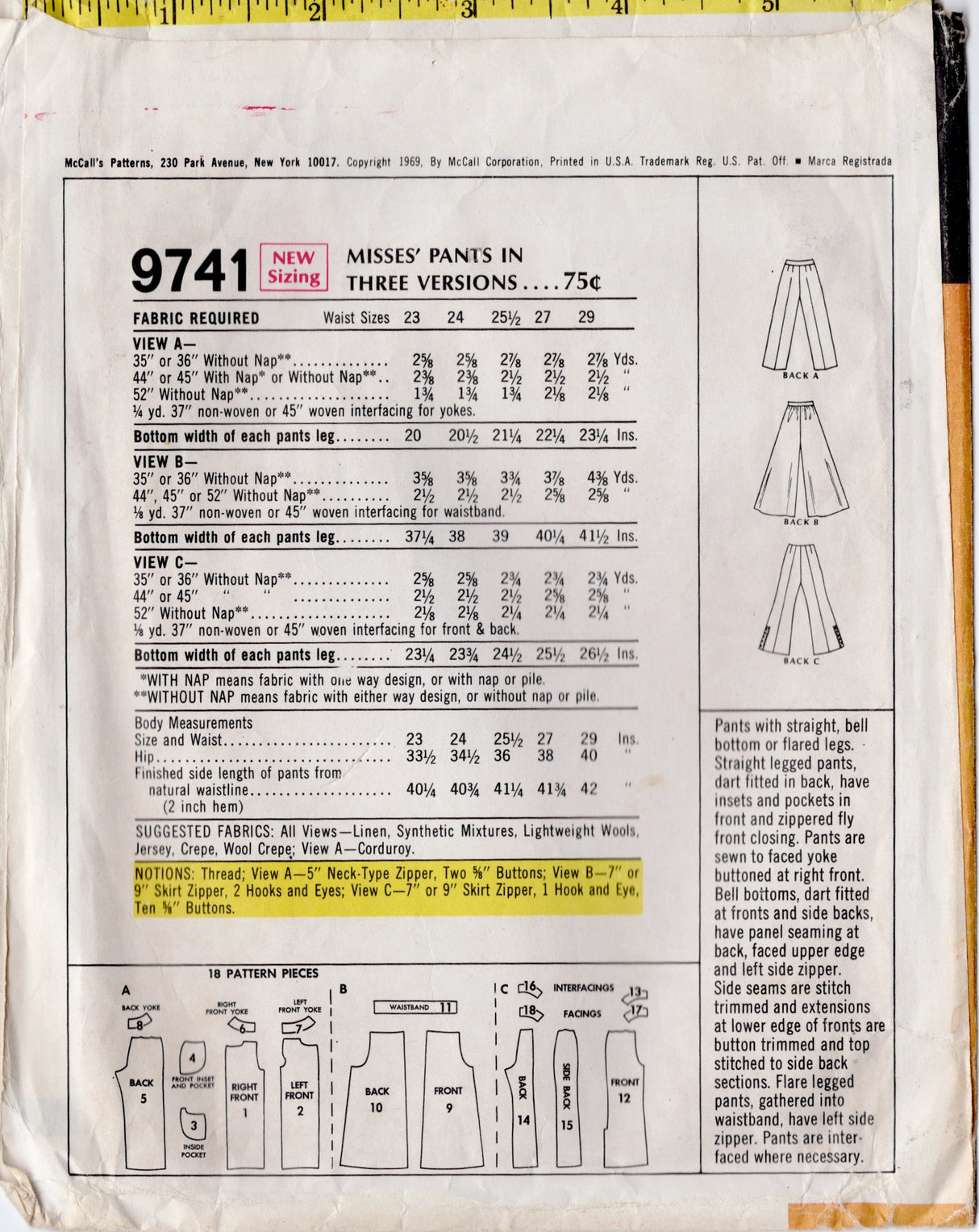 1960's McCall's Pants Pattern in Three Styles - Waist 24" - No. 9741
