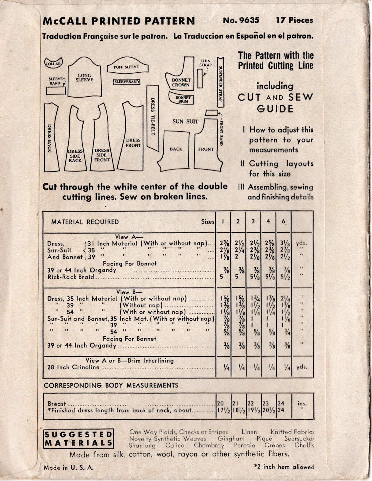 1930's McCall Child's Sunsuit or Bathing Suit, Bonnet and Dress Pattern - Chest 24" - No. 9635