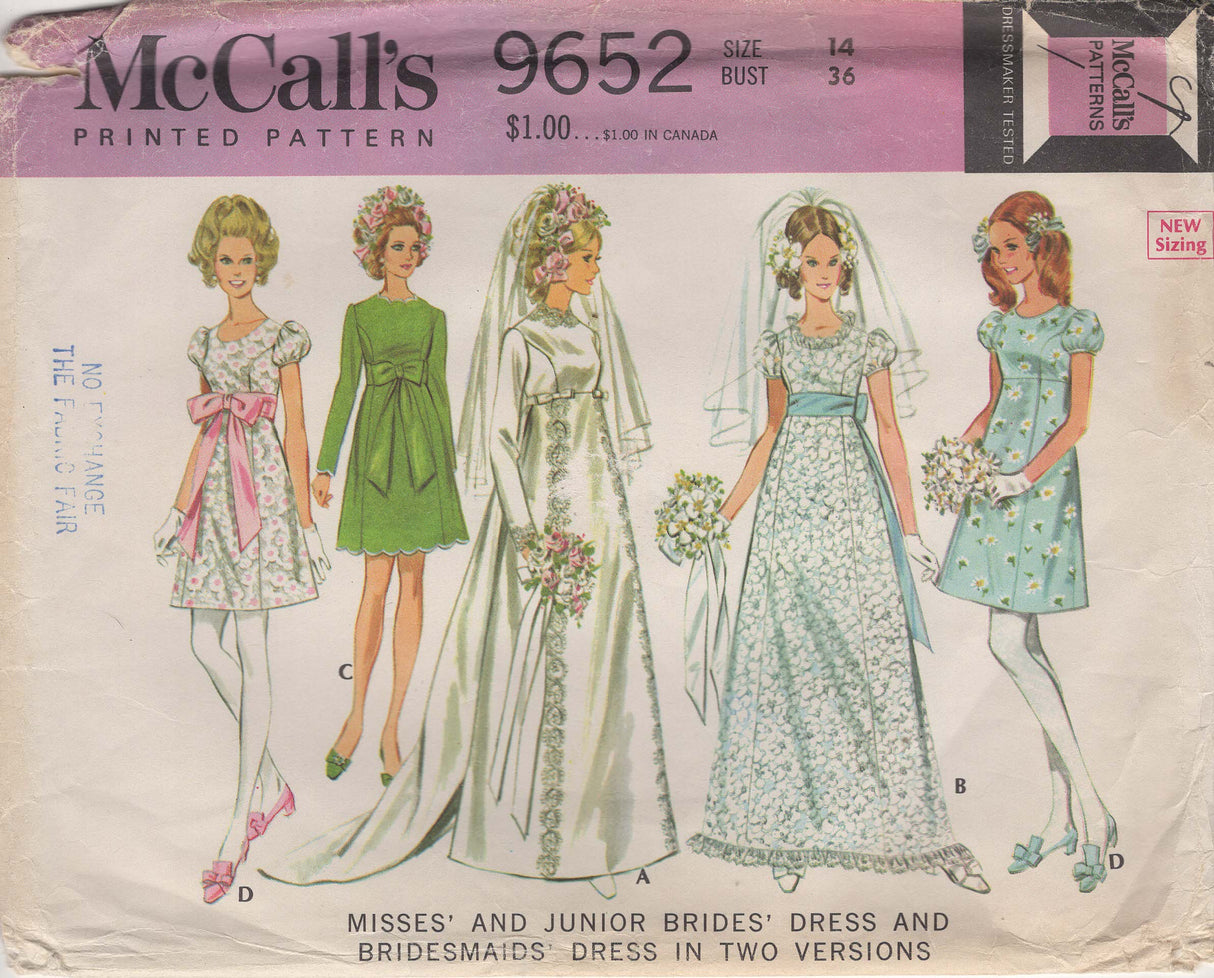 1960's McCall’s Empire Waist Wedding Dress - Bust 36"- No. 9652