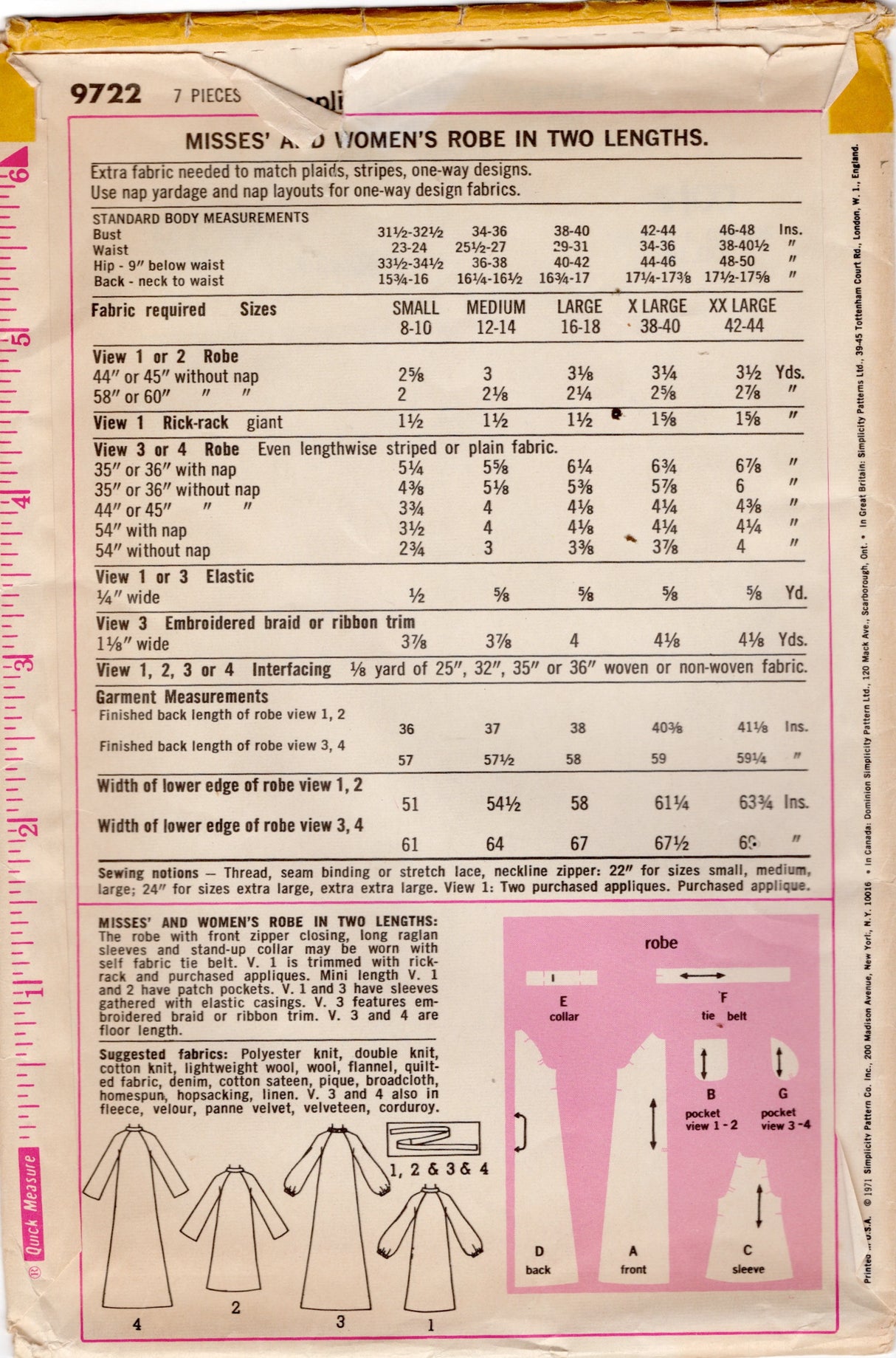 1970’s Simplicity Raglan Sleeve Robe in Two Lengths Pattern- Bust 38-40” - No. 9722
