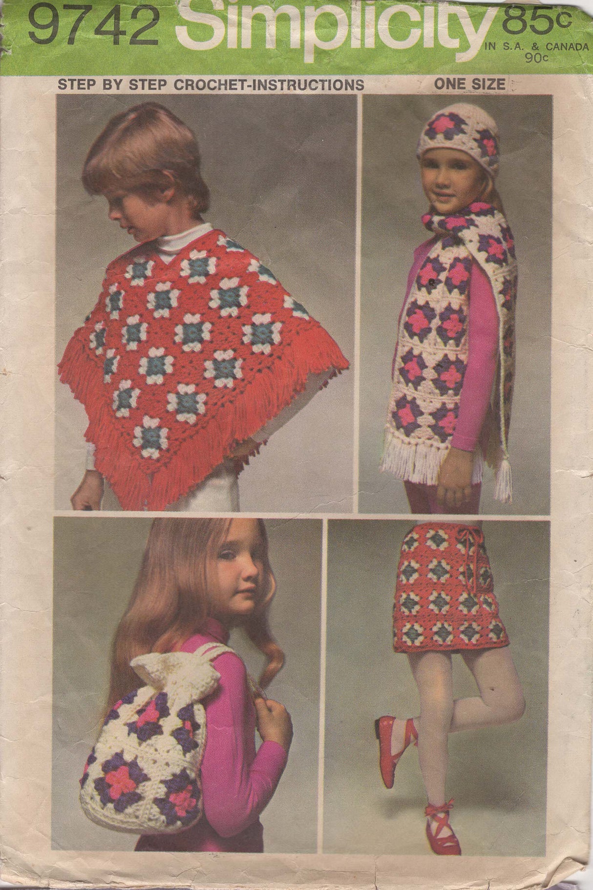 1970's Simplicity Child's Poncho, Scarf, Bag and Skirt Pattern - One Size - No. 9742