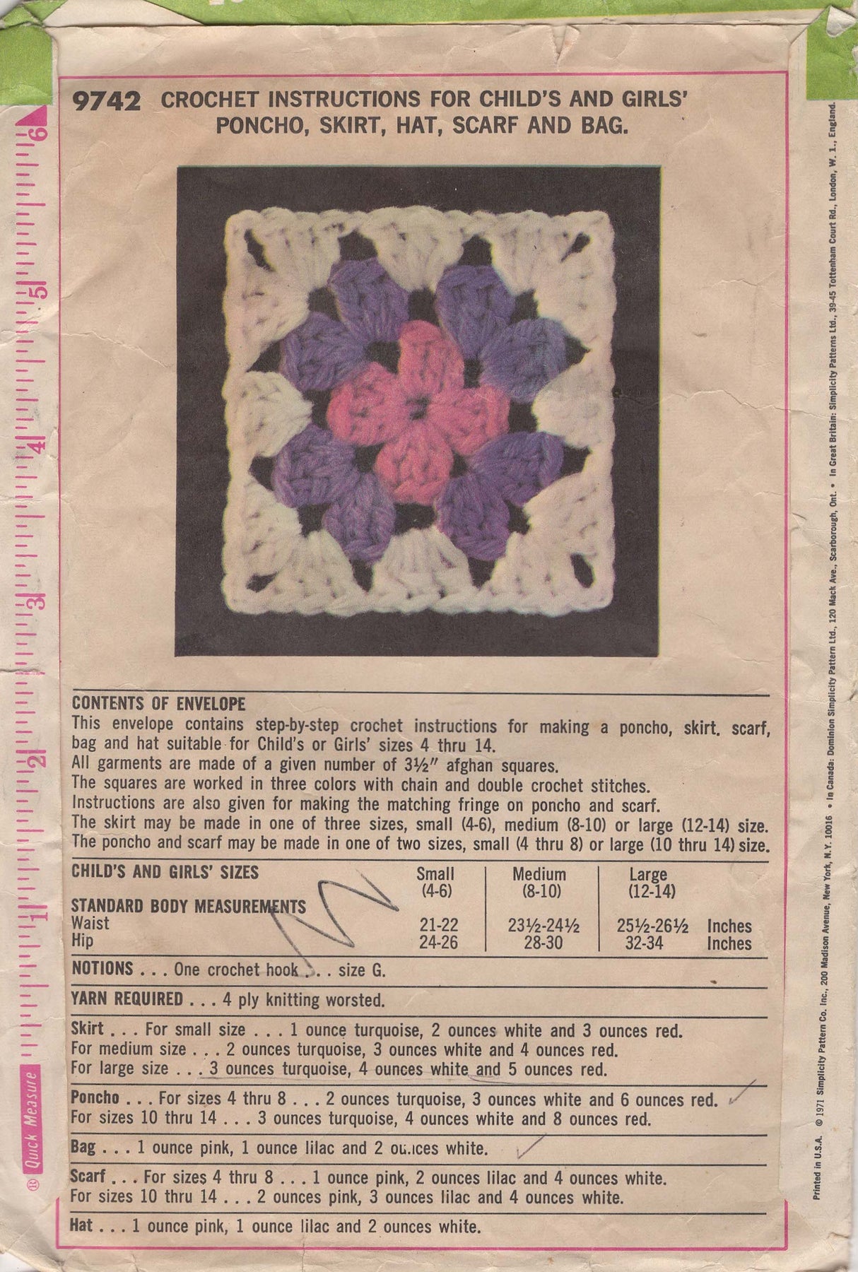 1970's Simplicity Child's Poncho, Scarf, Bag and Skirt Pattern - One Size - No. 9742