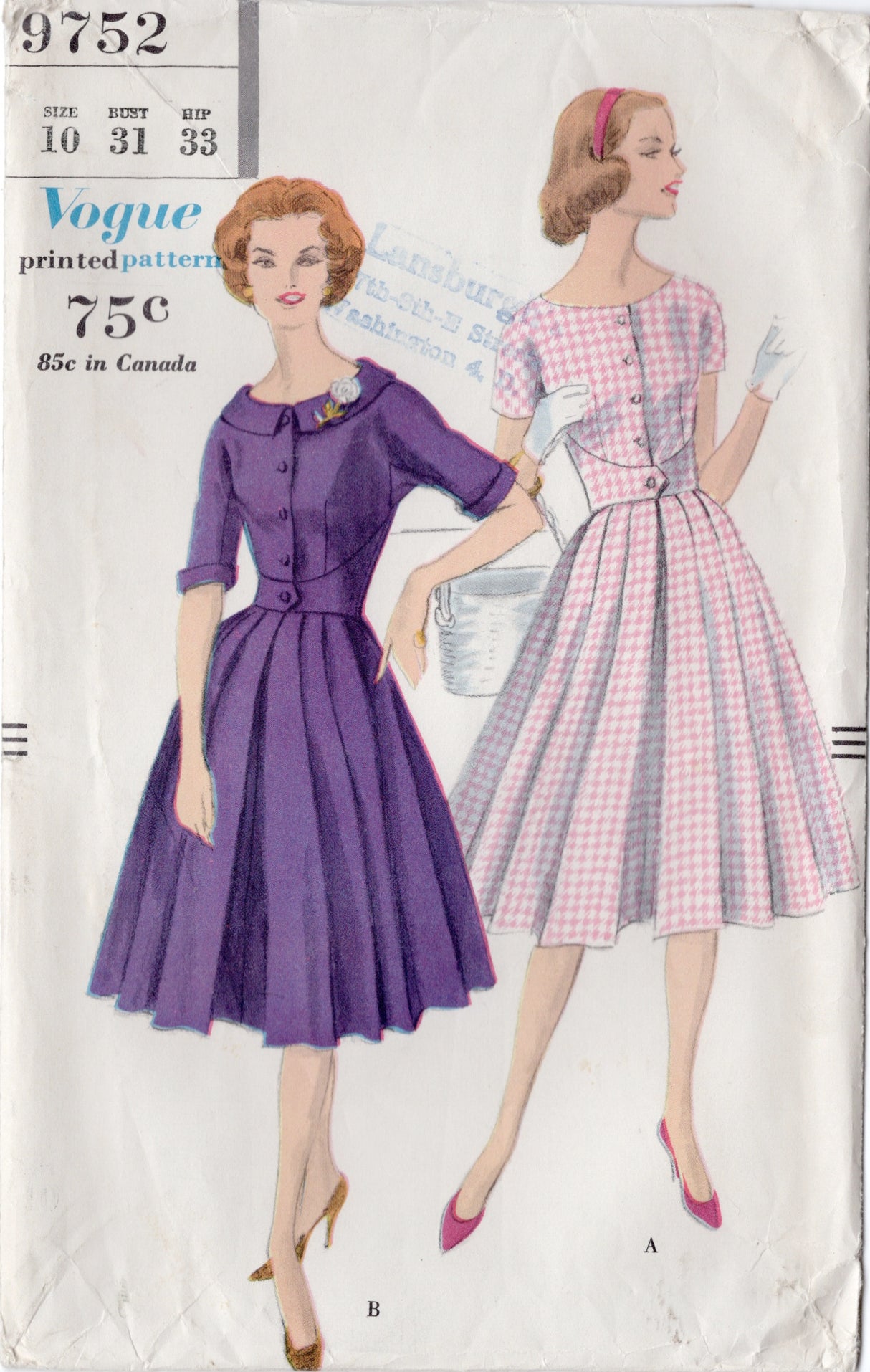 1950’s Vogue One Piece Shirtwaist Dress with Accent Side Panels - Bust 31” - No. 9752
