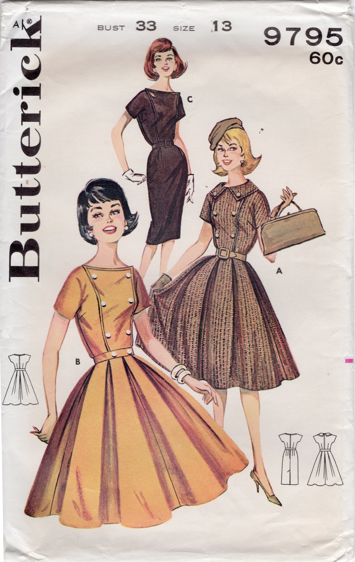 1960's Butterick Fit and Flare Dress Pattern with Double Breasted Front Panel - Bust 33" - No. 9795