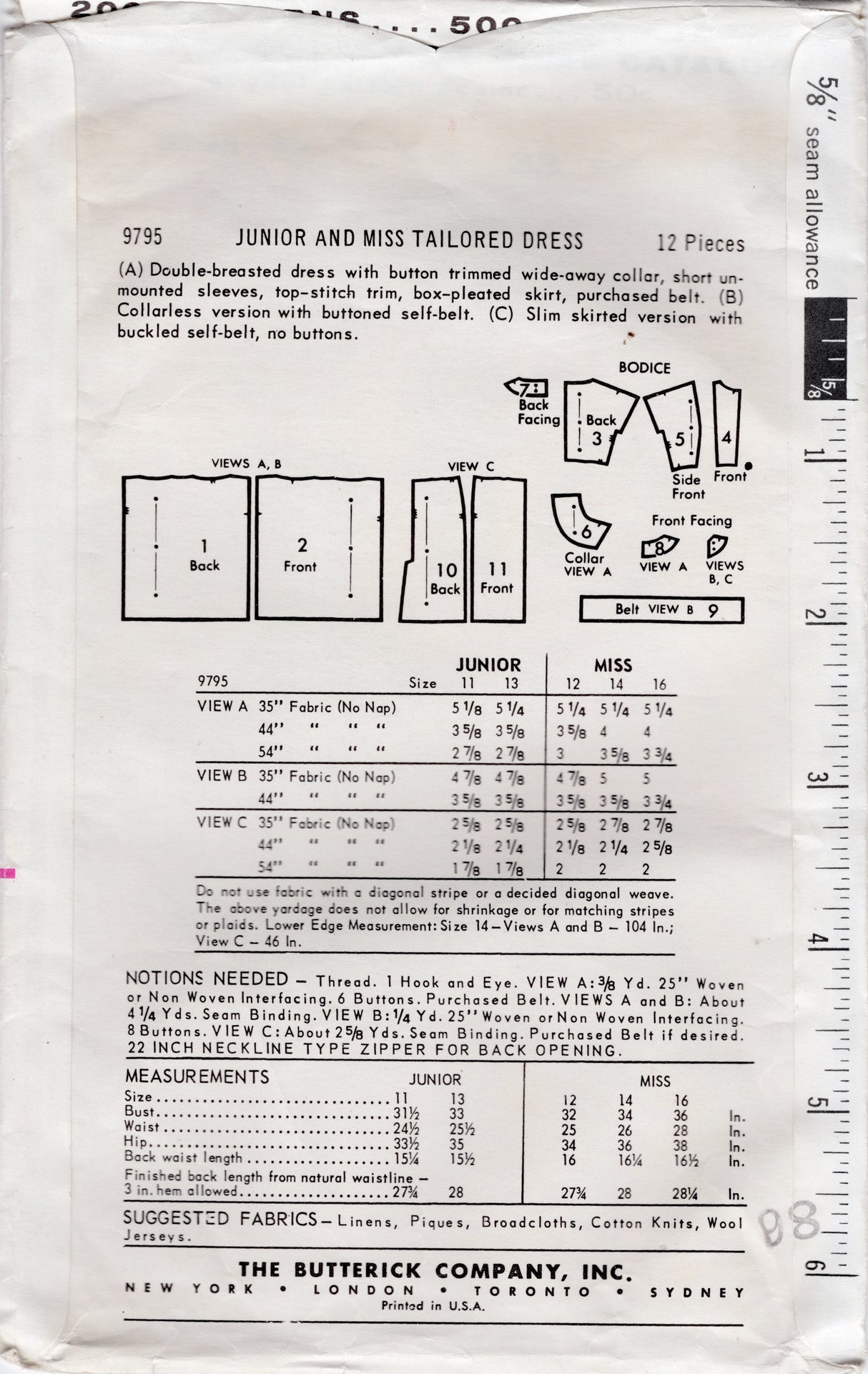 1960's Butterick Fit and Flare Dress Pattern with Double Breasted Front Panel - Bust 33" - No. 9795