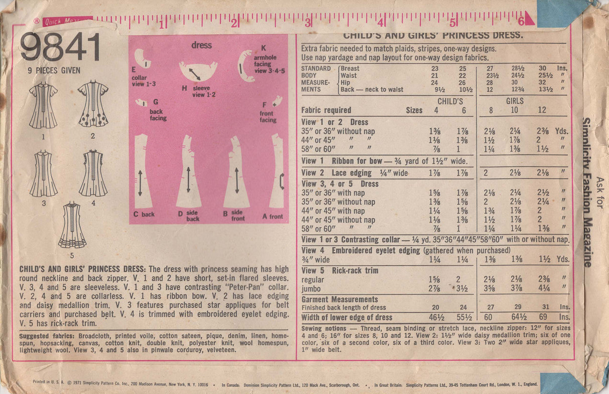 1970's Simplicity Child's Princess Line Dress with Flutter Sleeves - Chest 25" - No. 9841