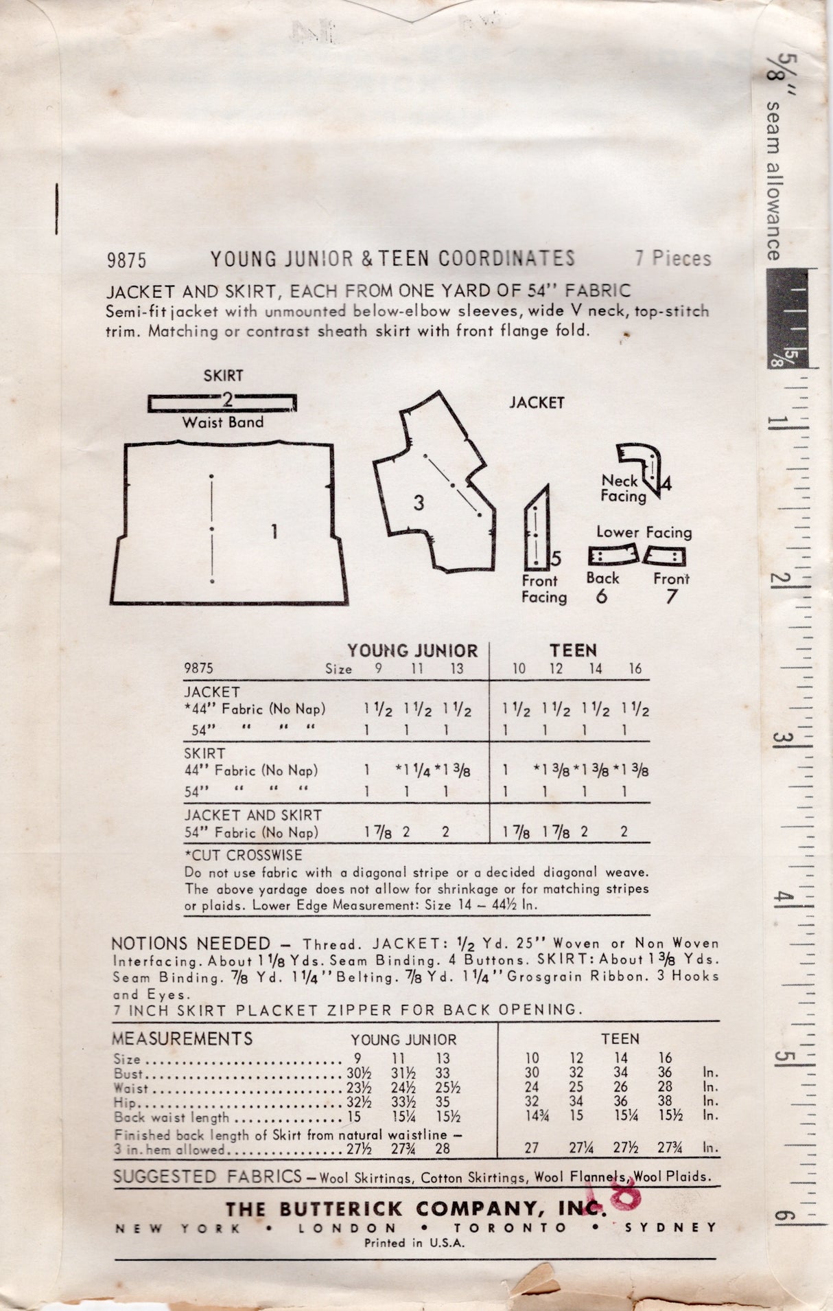 1960’s Butterick One-Yard Line Jacket and Skirt Pattern - Bust 34" - No. 9875