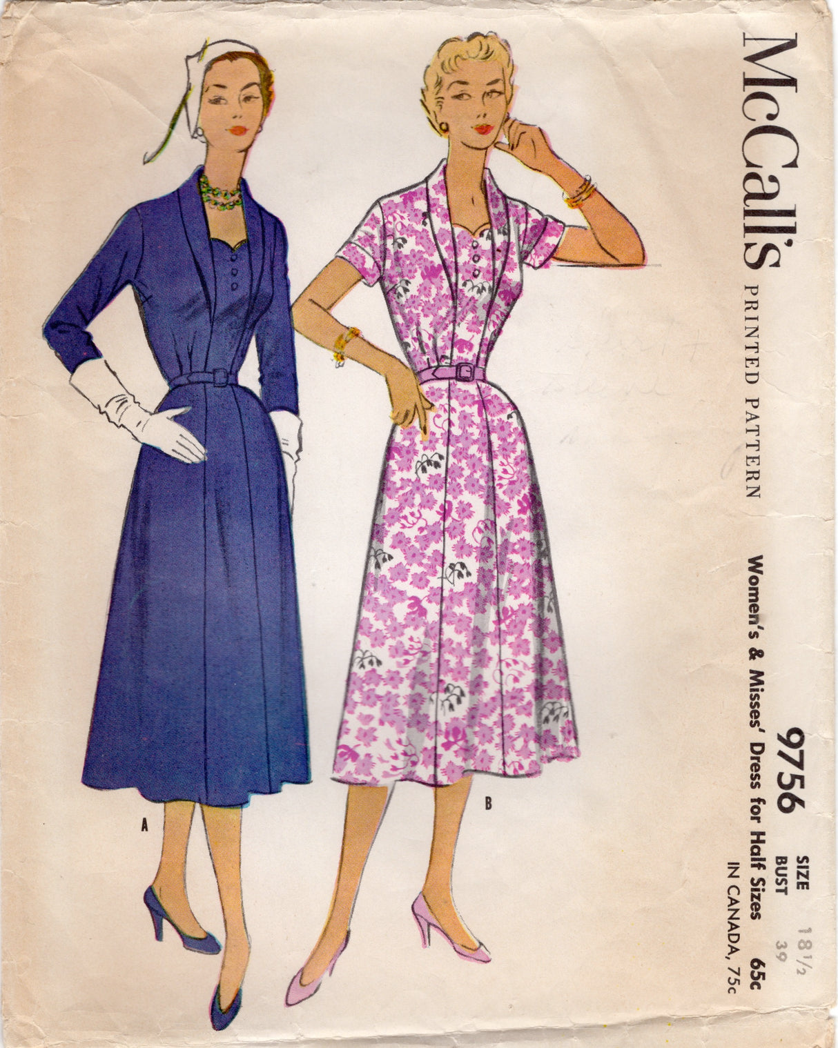 1950's McCall's One Piece Dress Pattern with Gored Skirt - Bust 39" - No. 9756