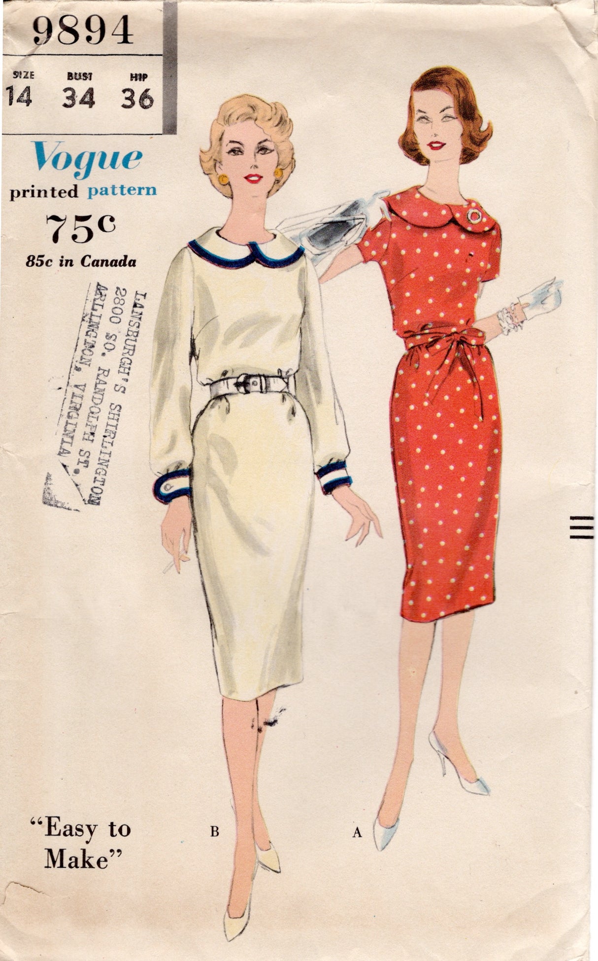 1950’s Vogue One Piece Sheath Dress Pattern with Shaped Collar - Bust 34” - No. 9894
