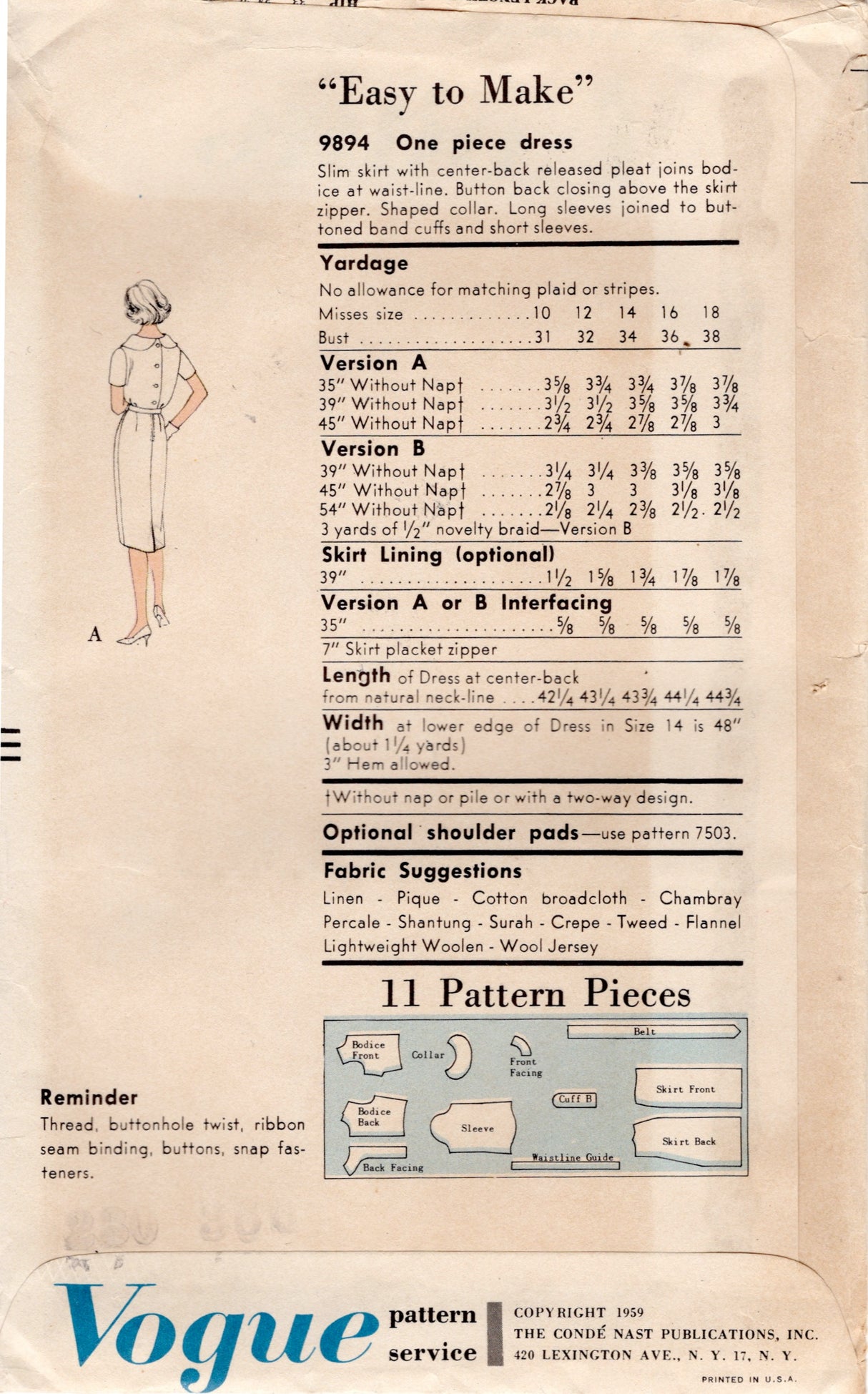 1950’s Vogue One Piece Sheath Dress Pattern with Shaped Collar - Bust 34” - No. 9894