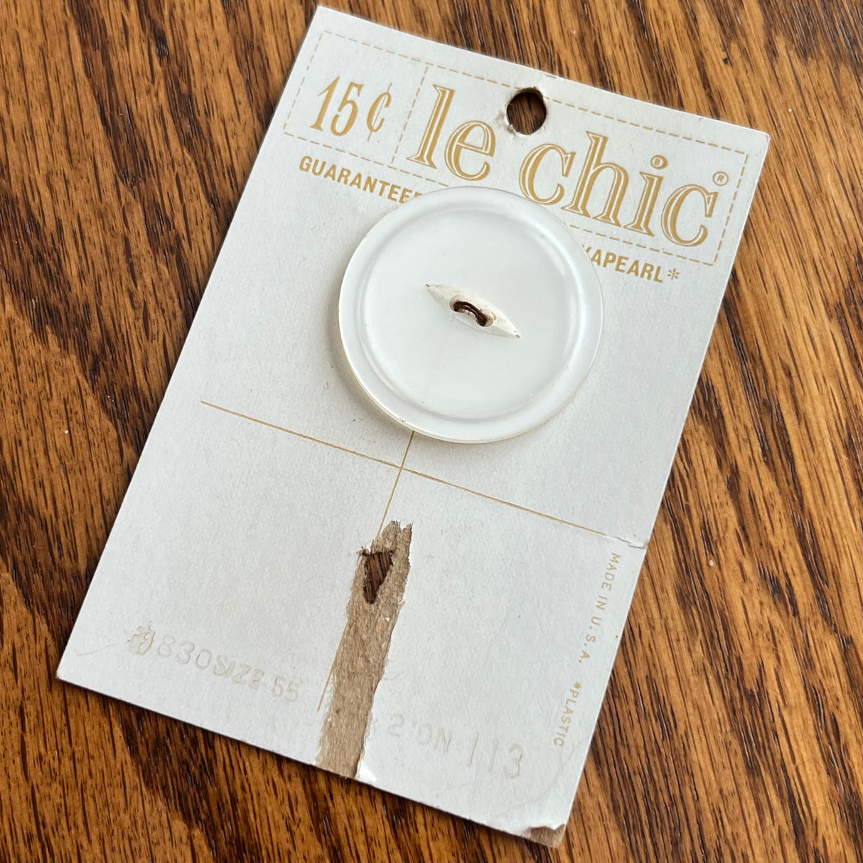 1960’s Le Chic Plastic Button - Pearlescent White - 1 3/8" - on card