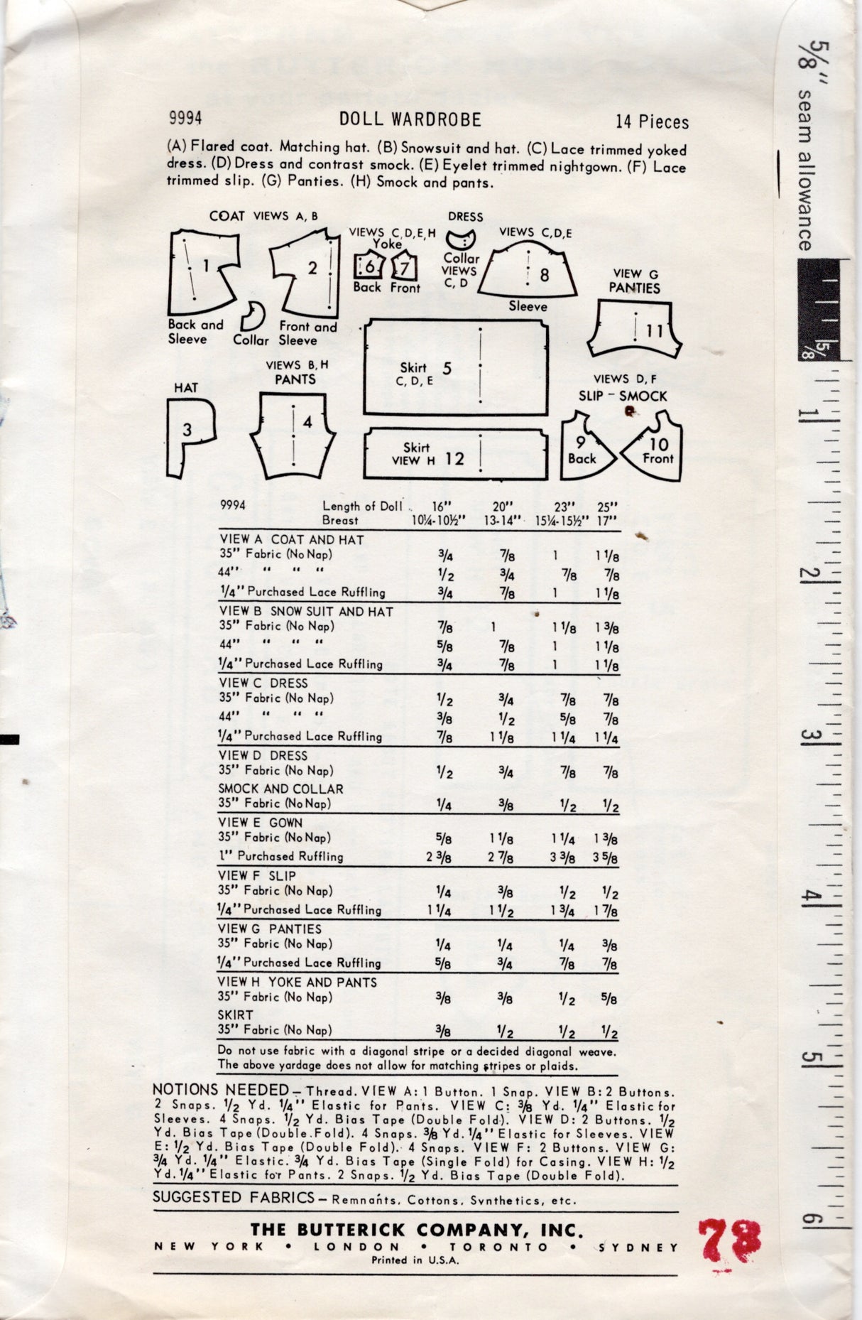 1960's Butterick 16" Doll Clothes Pattern - No. 9994