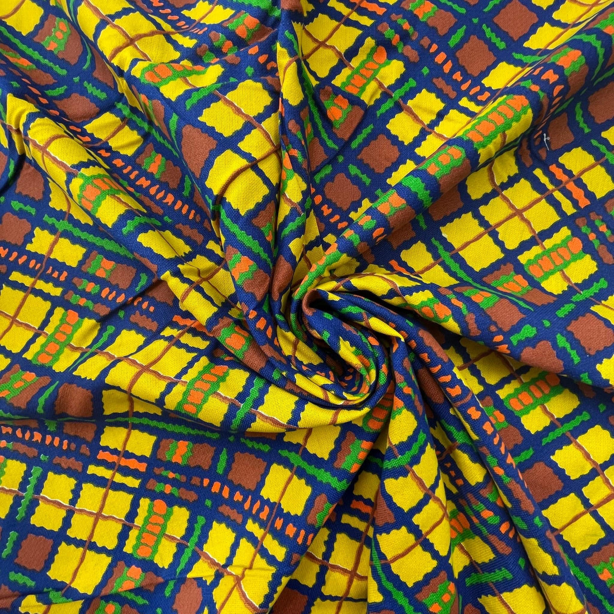 1970's Yellow, Blue, and Brown Printed Plaid fabric - BTY (S24)