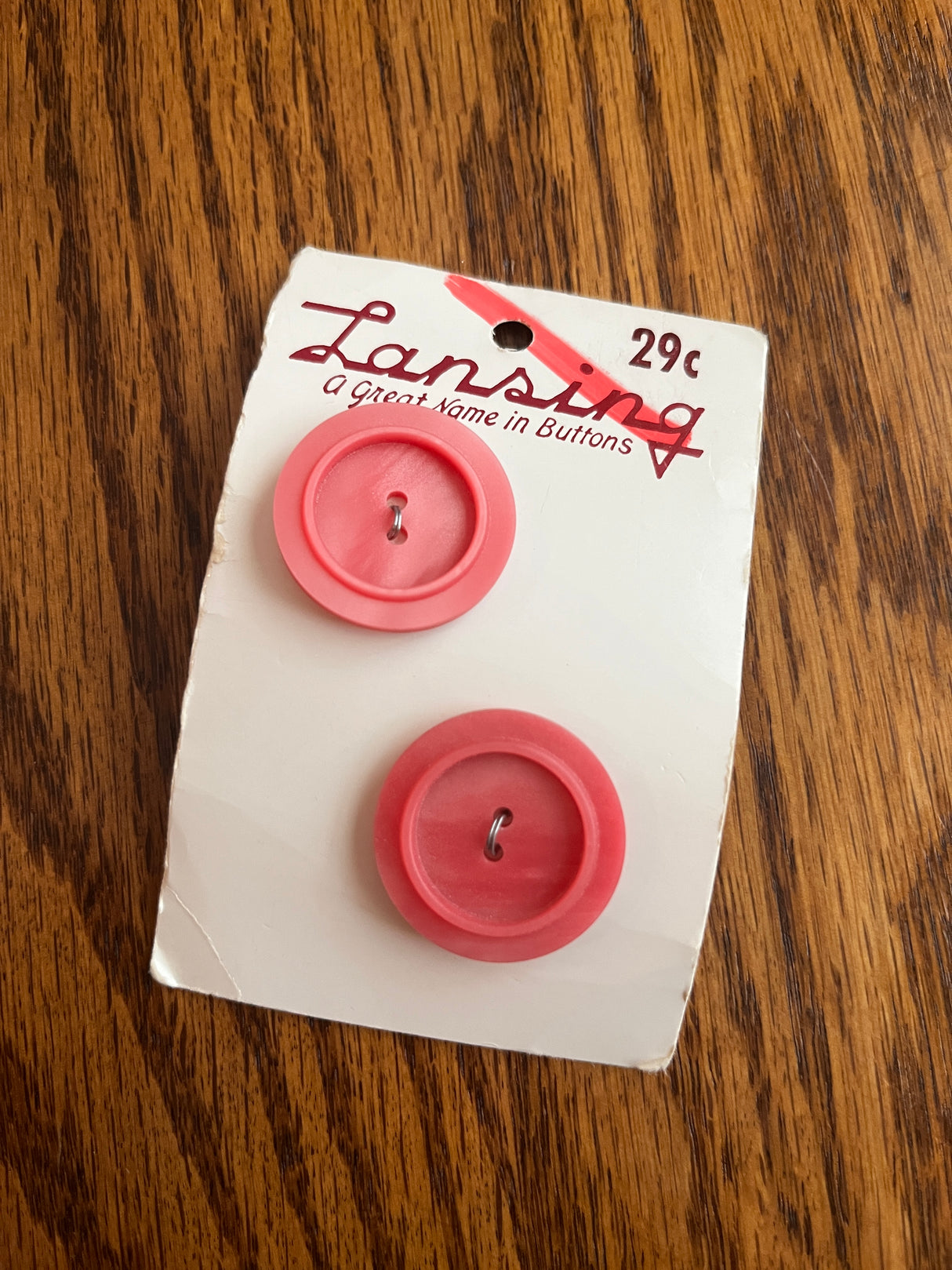 1970’s Lansing Pink Plastic Buttons - Set of 2 - 1" -  on card