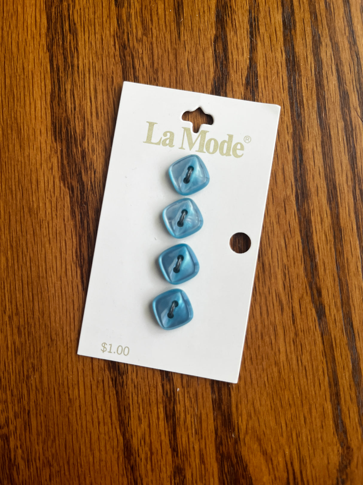 1980’s La Mode Blue Square Pearlescent Plastic Buttons - Set of 4 - 1/2” - on card
