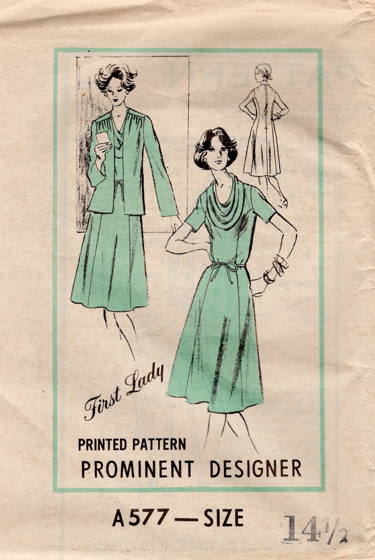 1980's Prominent Designer Mail Order Princess Line Dress with Cowl Neck and Jacket pattern - Bust 37" - No. A577