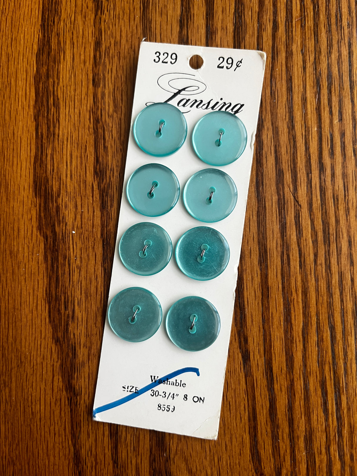 1980’s Lansing Blue Green Pearlescent Plastic Button - Set of 8 - 3/4” - on card