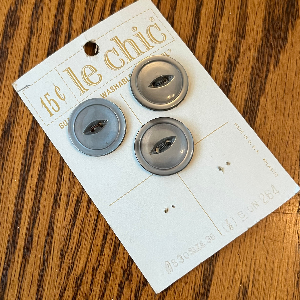 1960’s Le Chic Grey Plastic Buttons - Set of 3 - 7/8" - on card