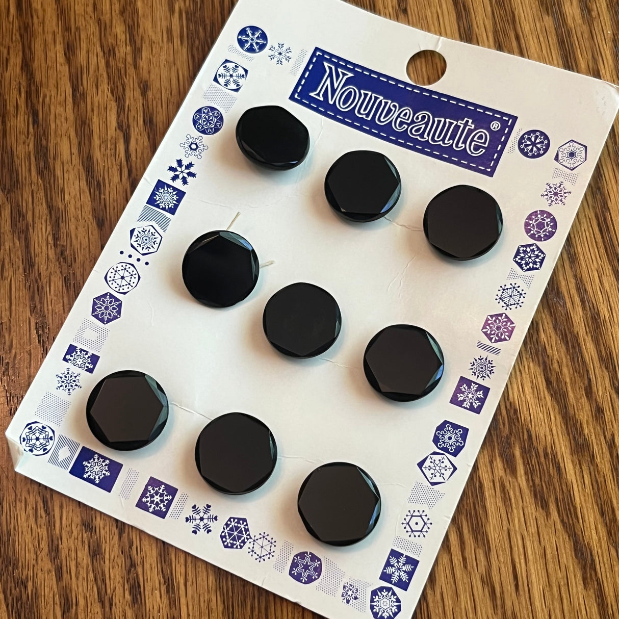 1960’s Nouveaute Glass Buttons - Black - Set of 9 - 3/4" - on card