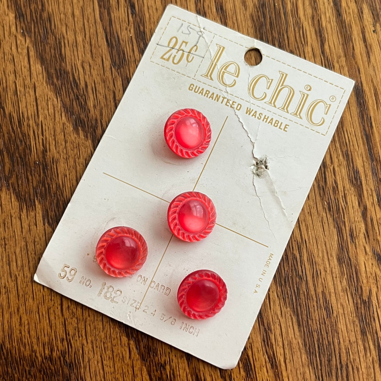 1960’s Le Chic Dark Pink Plastic Shank Buttons - Pearlescent - Set of 4 - Size 24 - 5/8" - on card