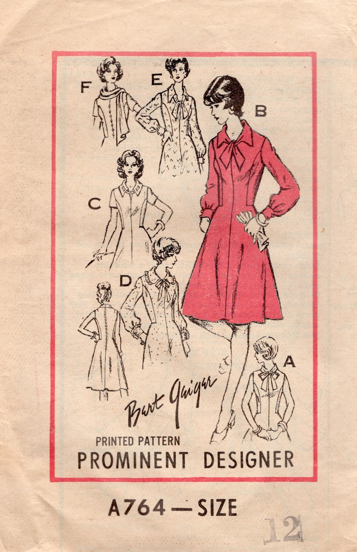 1970's Prominent Designer by Bert Geiger Princess Line Dress Pattern - Bust 34" - No. A764