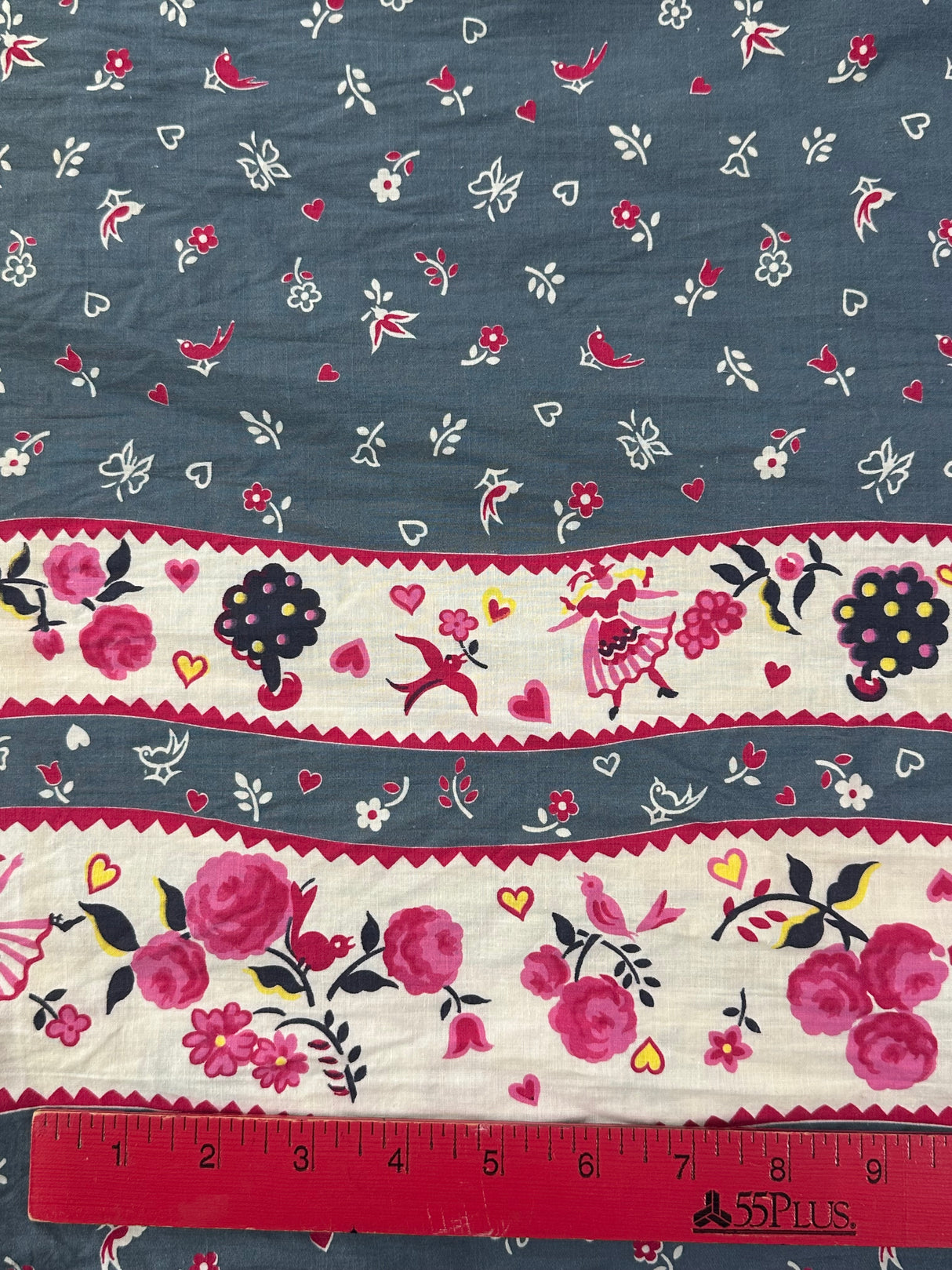 1950’s Dusty Blue with Dancers and Roses Border Print Cotton Fabric - (P209)