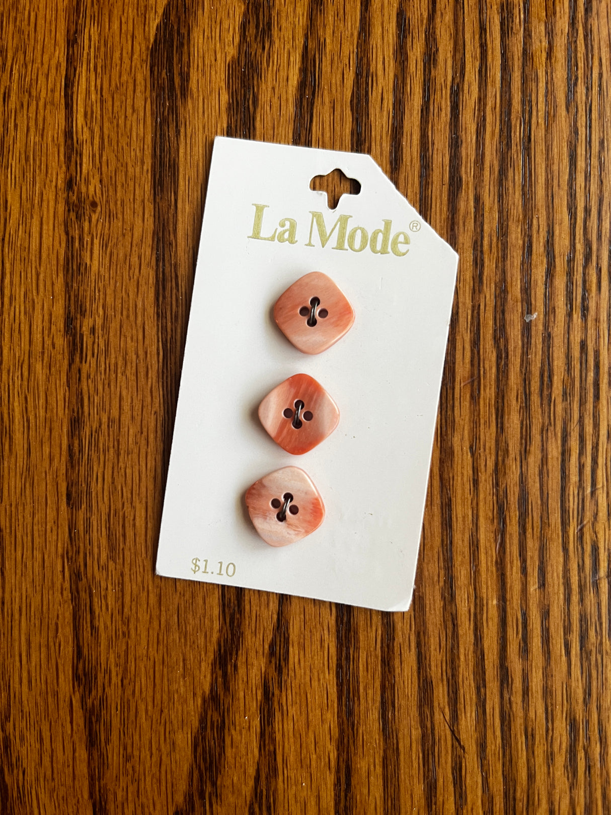 1980’s La Mode Marbled Pink Square Plastic Buttons - Set of 3 - 5/8" - on card