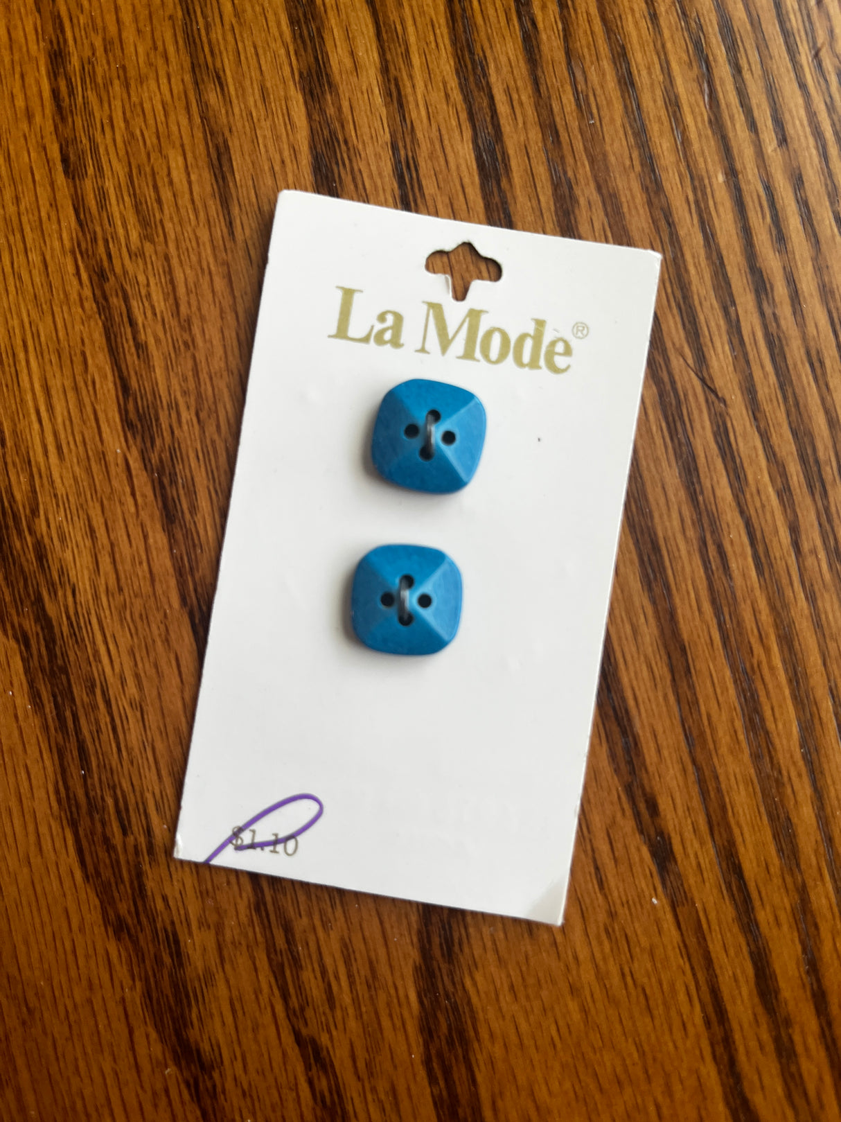 1980’s La Mode Blue Square Plastic Button - Set of 2 - 5/8” - on card