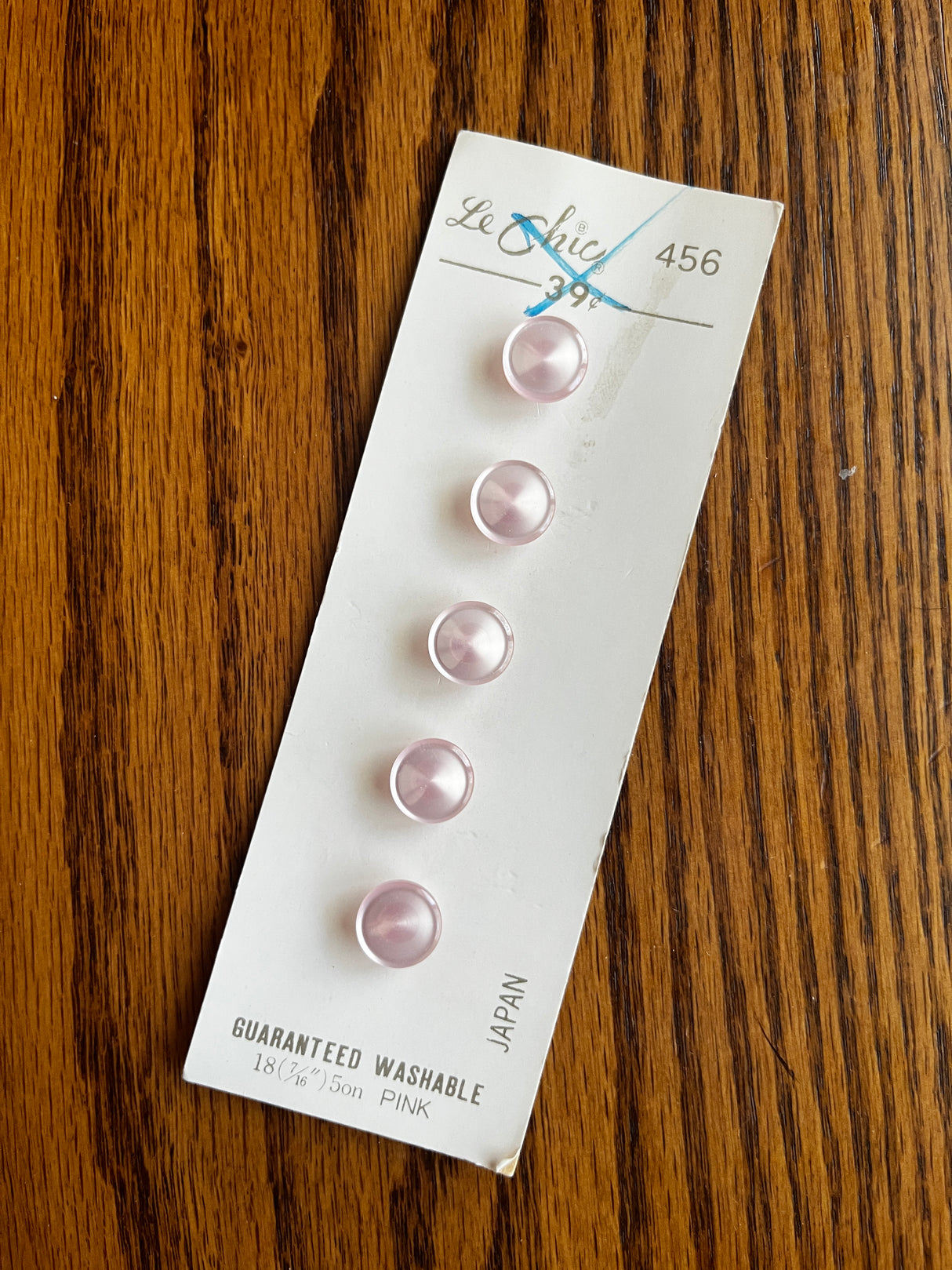 1980’s Le Chic Light Pink Plastic Shank Buttons - Set of 5 - 7/16" - on card