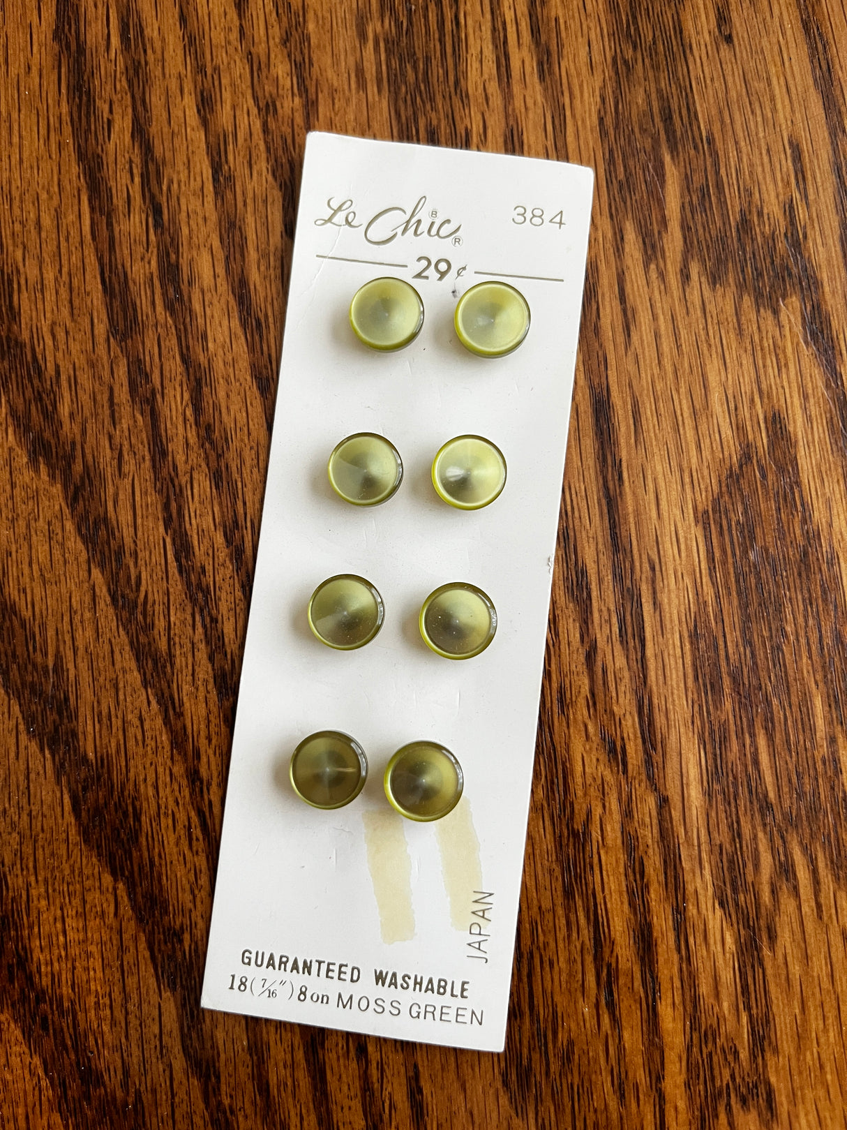 1980’s Le Chic Moss Green Pearlescent Plastic Flat Top Shank Buttons - Set of 8 - 7/16" - on card