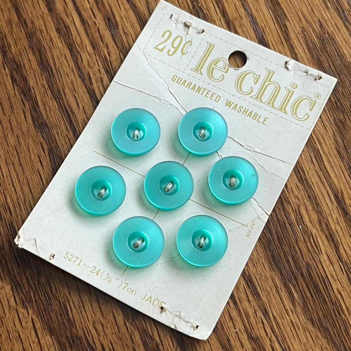 1970’s Le Chic Plastic Buttons - Opalescent Jade - Set of 7 - 5/8" - on card