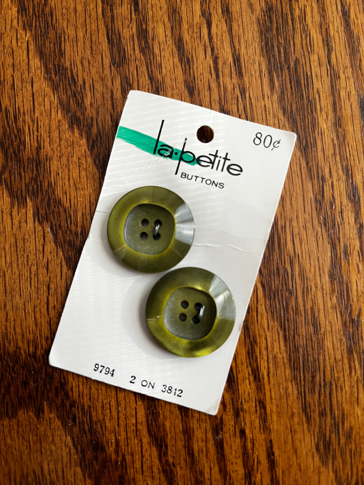 1980’s La Petite Moss Green Pearlescent Plastic Button - Set of 2 - 1" - on card