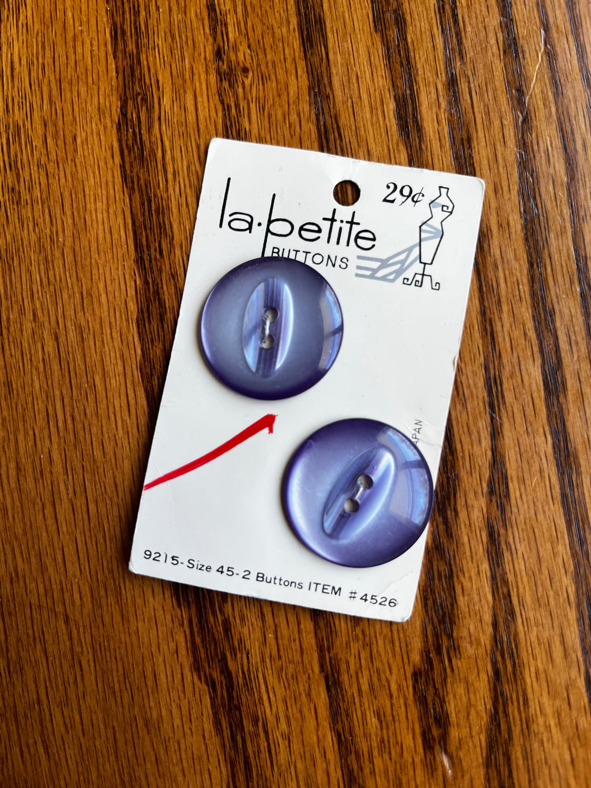 1970’s La Petite Purple Pearlescent Plastic Button - Set of 2 - 1” - on card