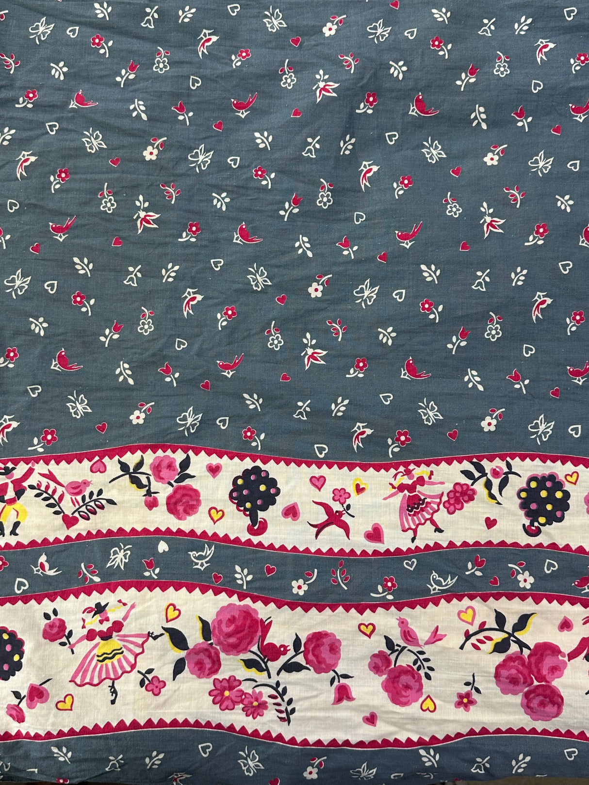 1950’s Dusty Blue with Dancers and Roses Border Print Cotton Fabric - (P209)