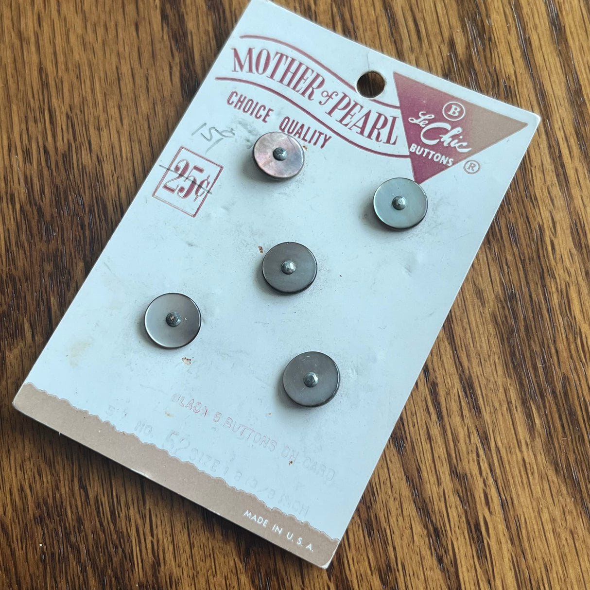 1970’s Le Chic MOP Buttons - Grey - Set of 5 - Size 18 - 3/8" - on card
