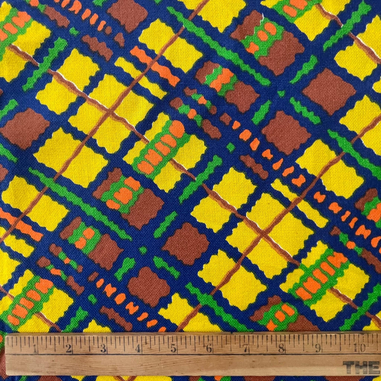 1970's Yellow, Blue, and Brown Printed Plaid fabric - BTY (S24)