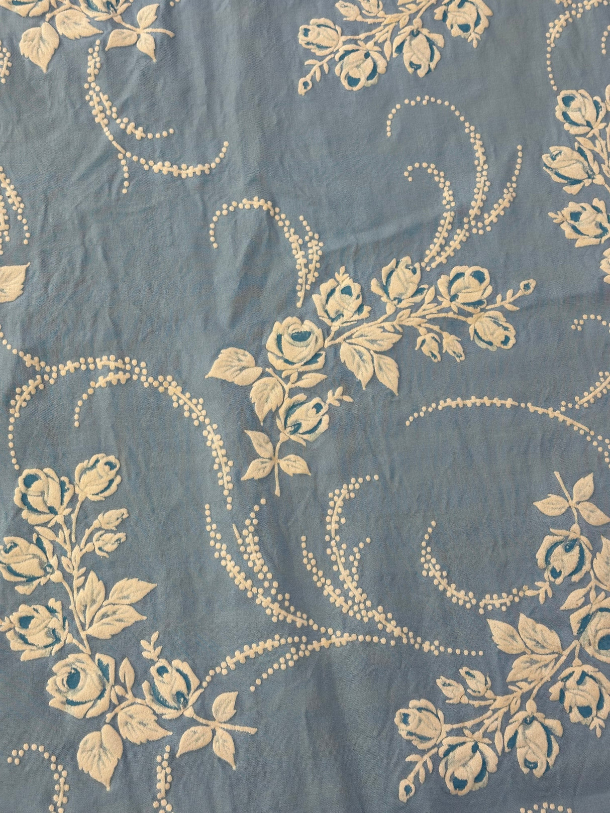 1960’s Blue Pinch Pleat Curtain Panel with Large Flocked Roses - (P208)