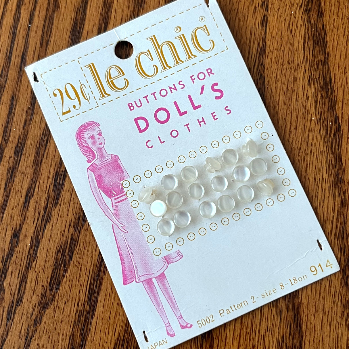1960’s Le Chic White Plastic Shank Doll Buttons - Opalescent - Set of 18 - Size 8 - 3/16" - on card