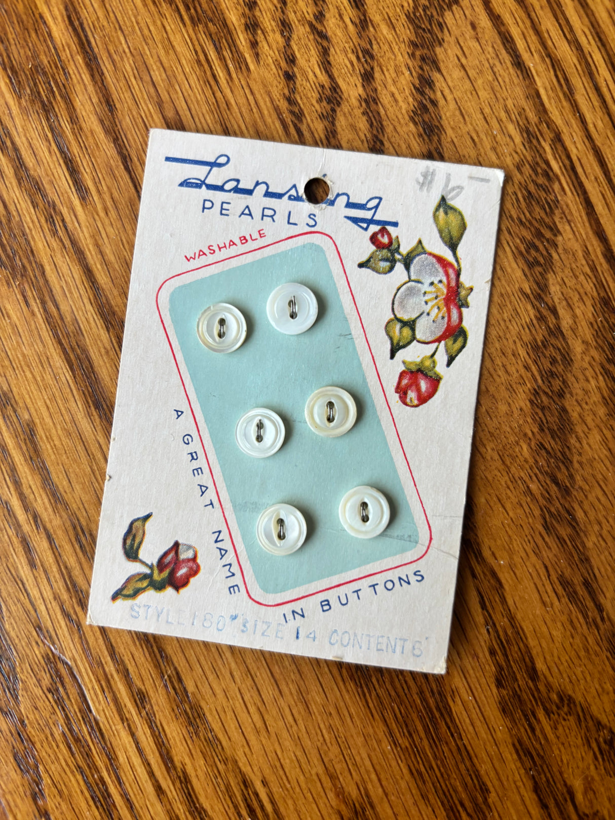 1940’s Lansing Pearl Buttons - Opaque - Set of 6 - 1/4" - on card