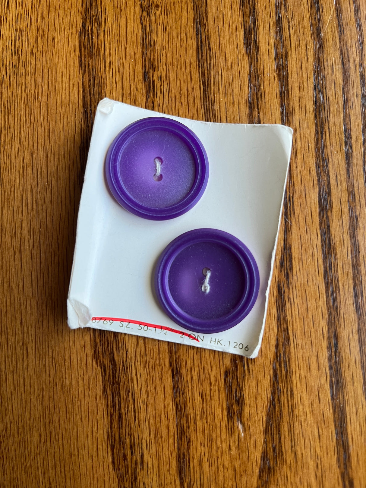 1970’s Large Purple Plastic Button - Set of 2 - 1 1/4”- on card