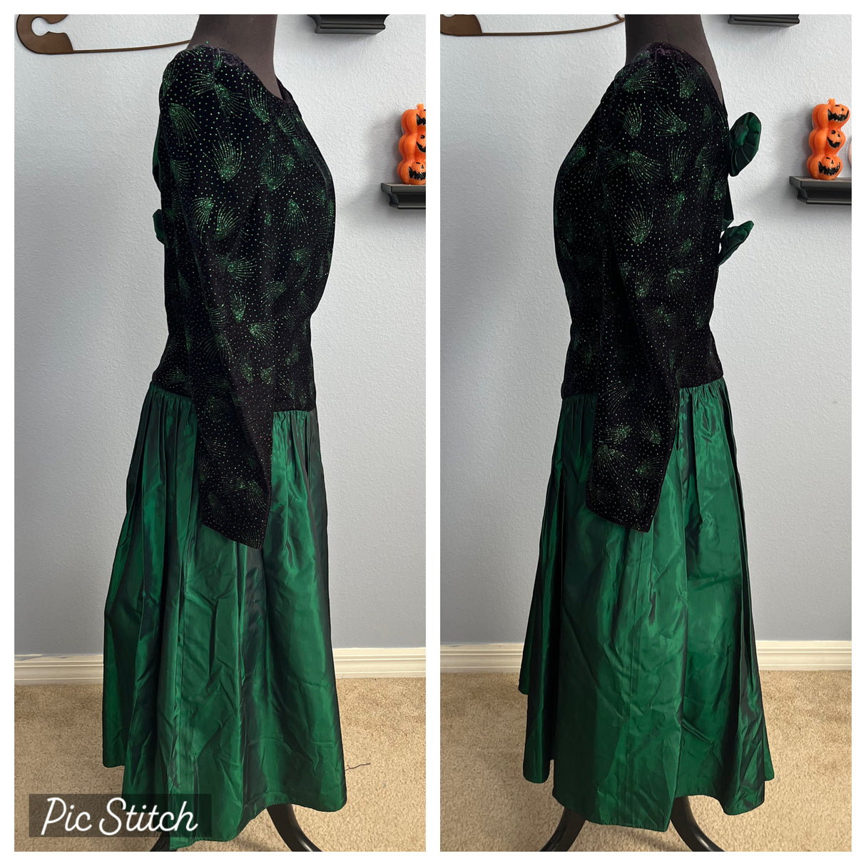 1980’s Black Velvet Taffeta Leg Of Mutton Sleeve Dress Leslie Fay Evenings XS